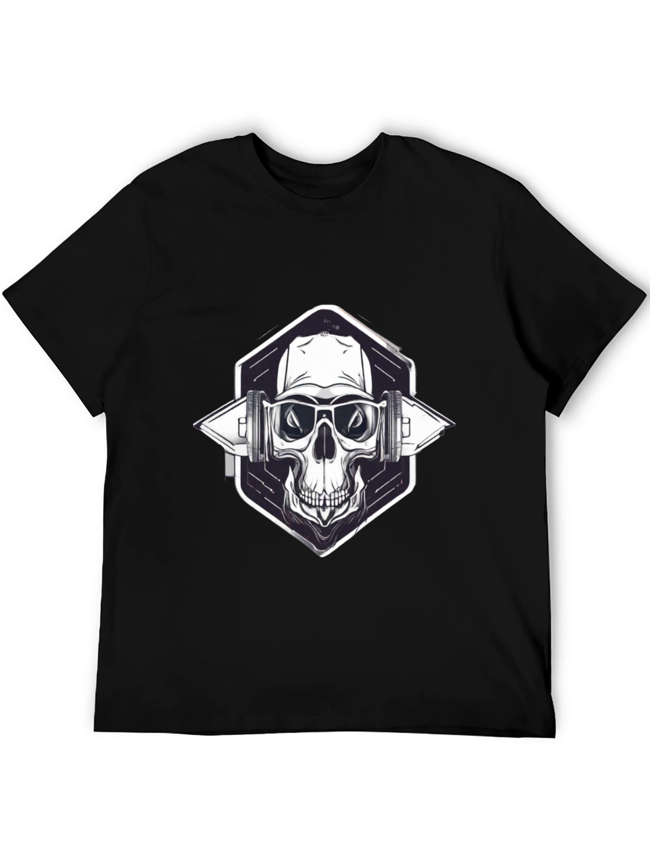 Skull with Headphones Graphic Black T-Shirt