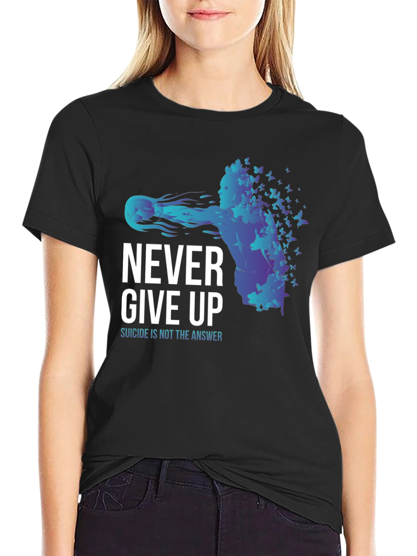 Never Give Up Butterfly Graphic T-Shirt