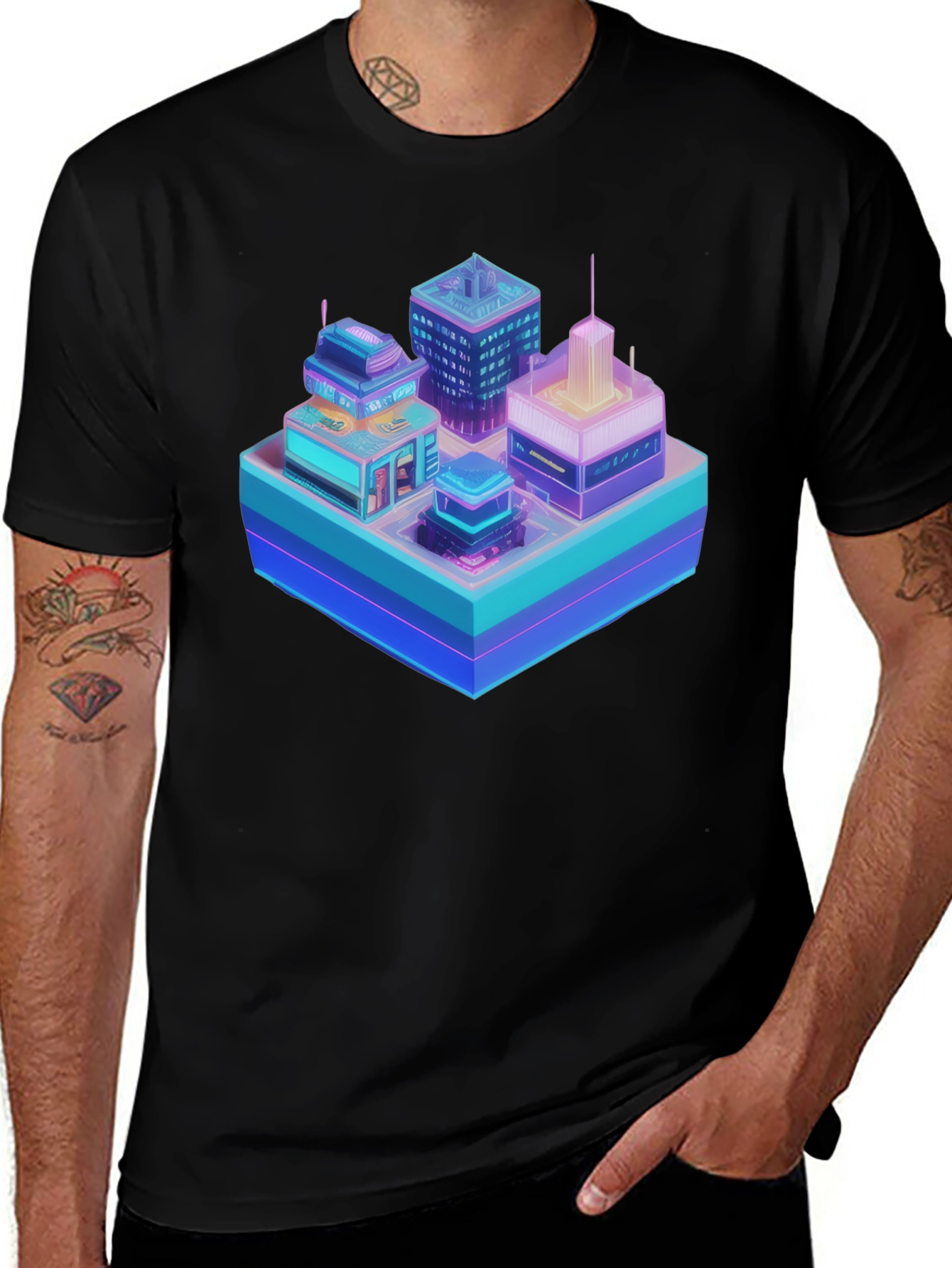 Cyberpunk Cityscape Graphic T-Shirt - Black