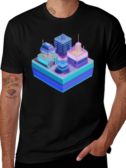 Cyberpunk Cityscape Graphic T-Shirt - Black