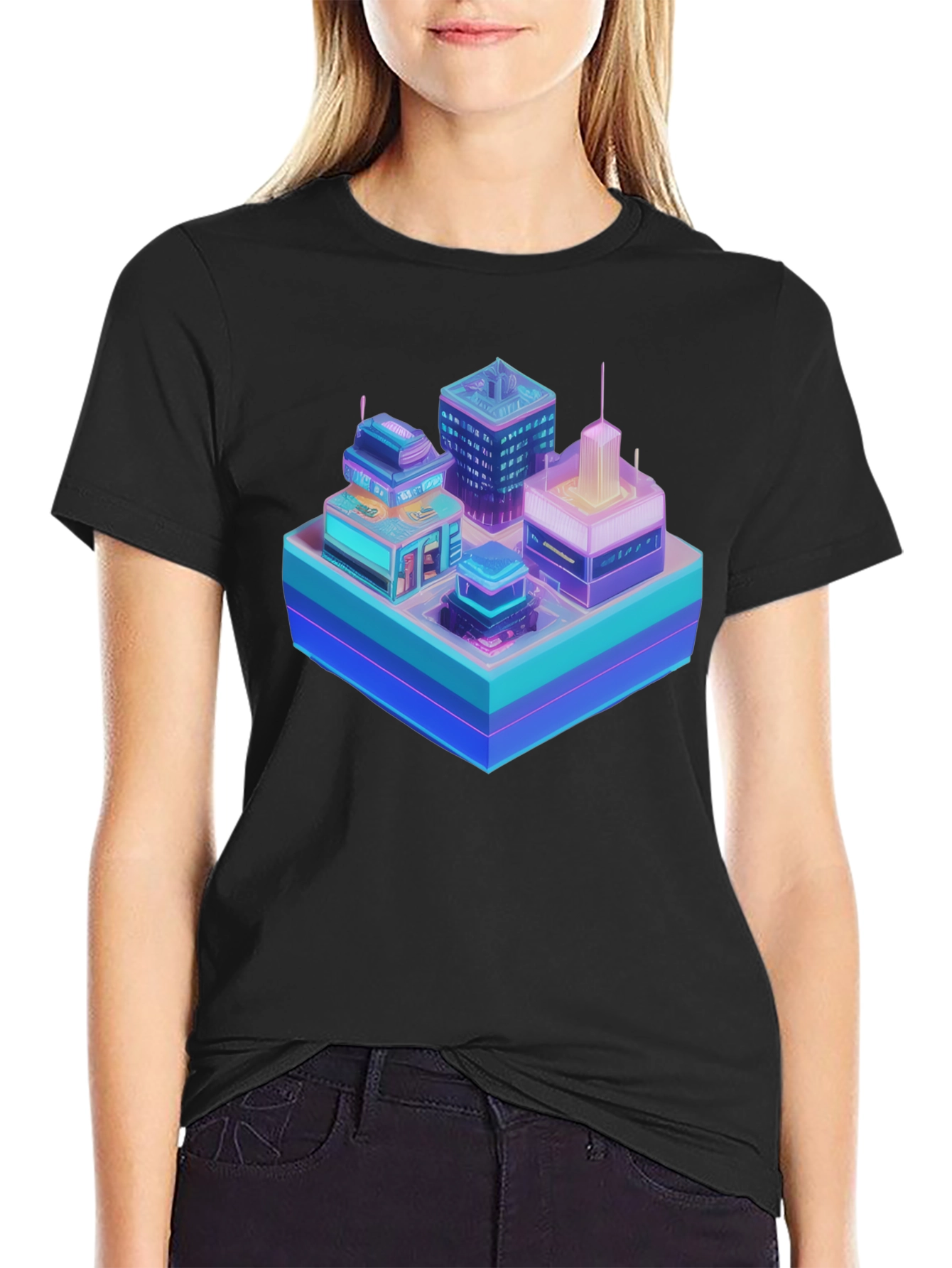 Cyberpunk Cityscape Graphic T-Shirt - Black