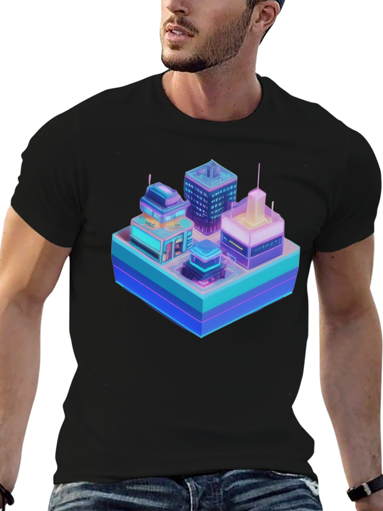 Cyberpunk Cityscape Graphic T-Shirt - Black