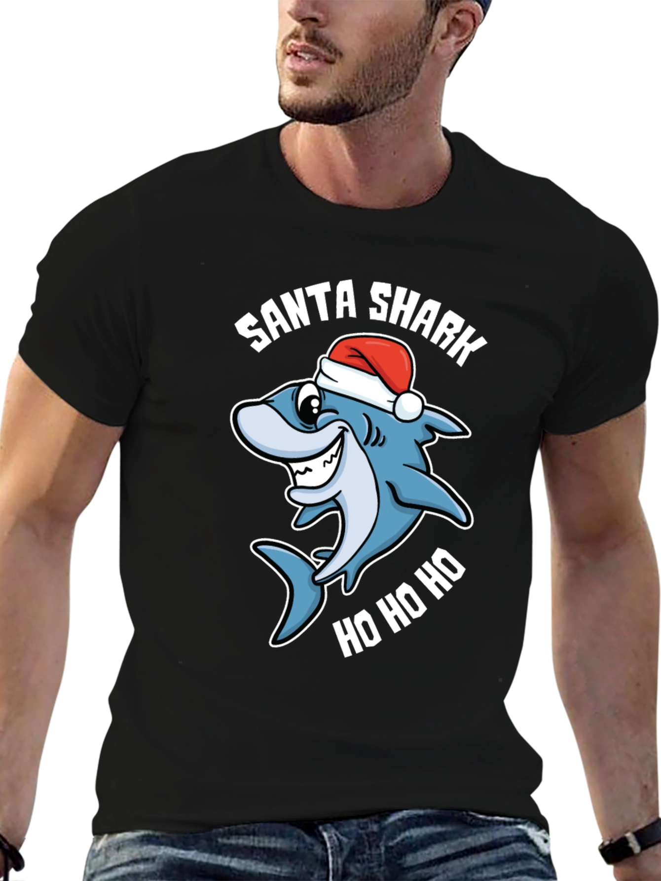 Santa Shark Ho Ho Ho Black T-Shirt