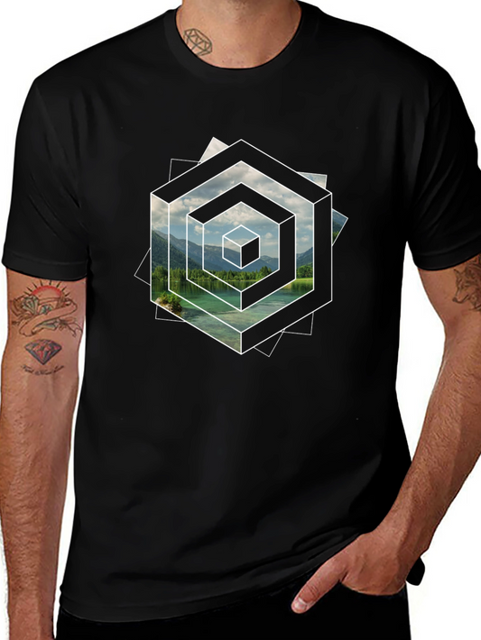Optical Illusion Lake Graphic Black T-Shirt