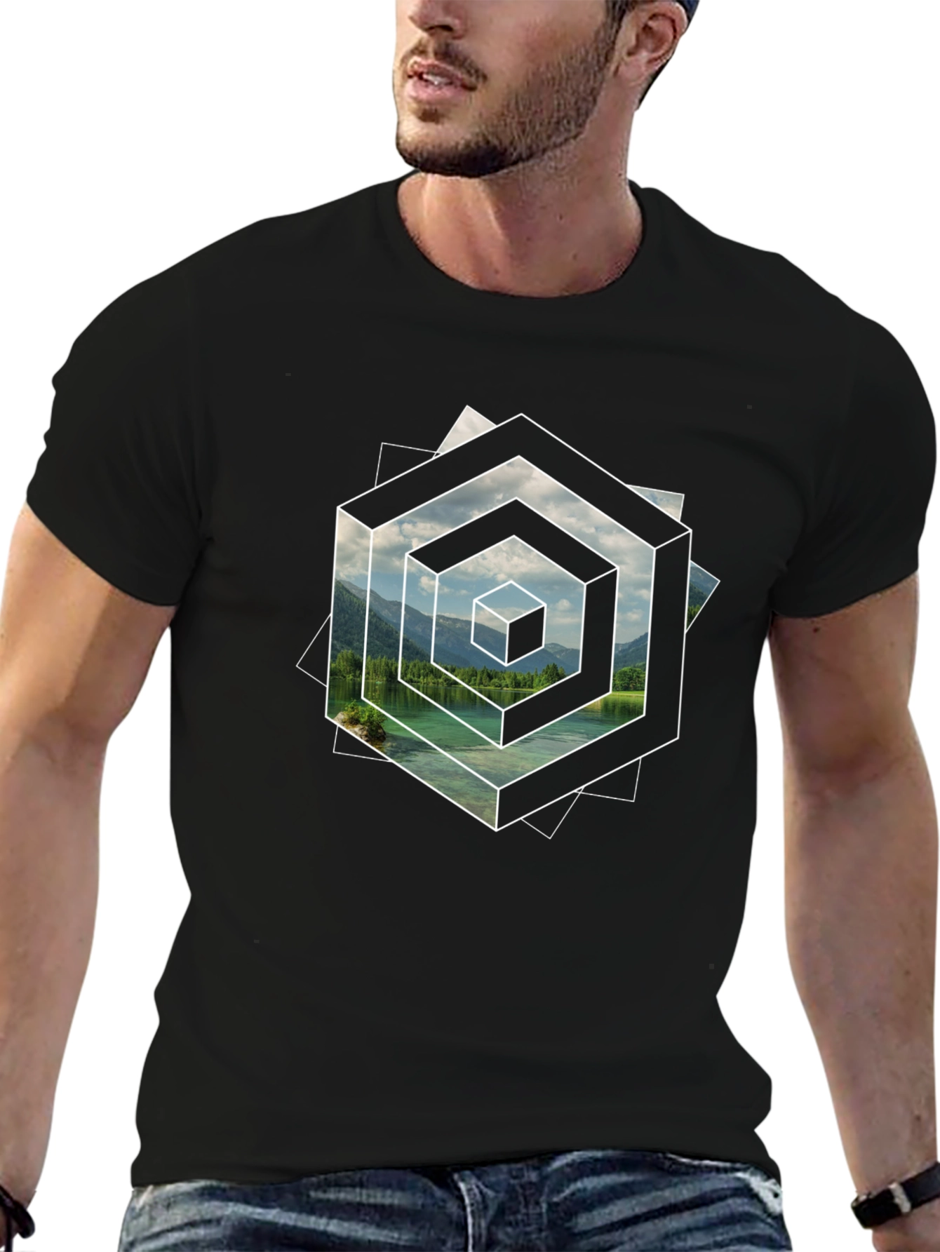 Optical Illusion Lake Graphic Black T-Shirt