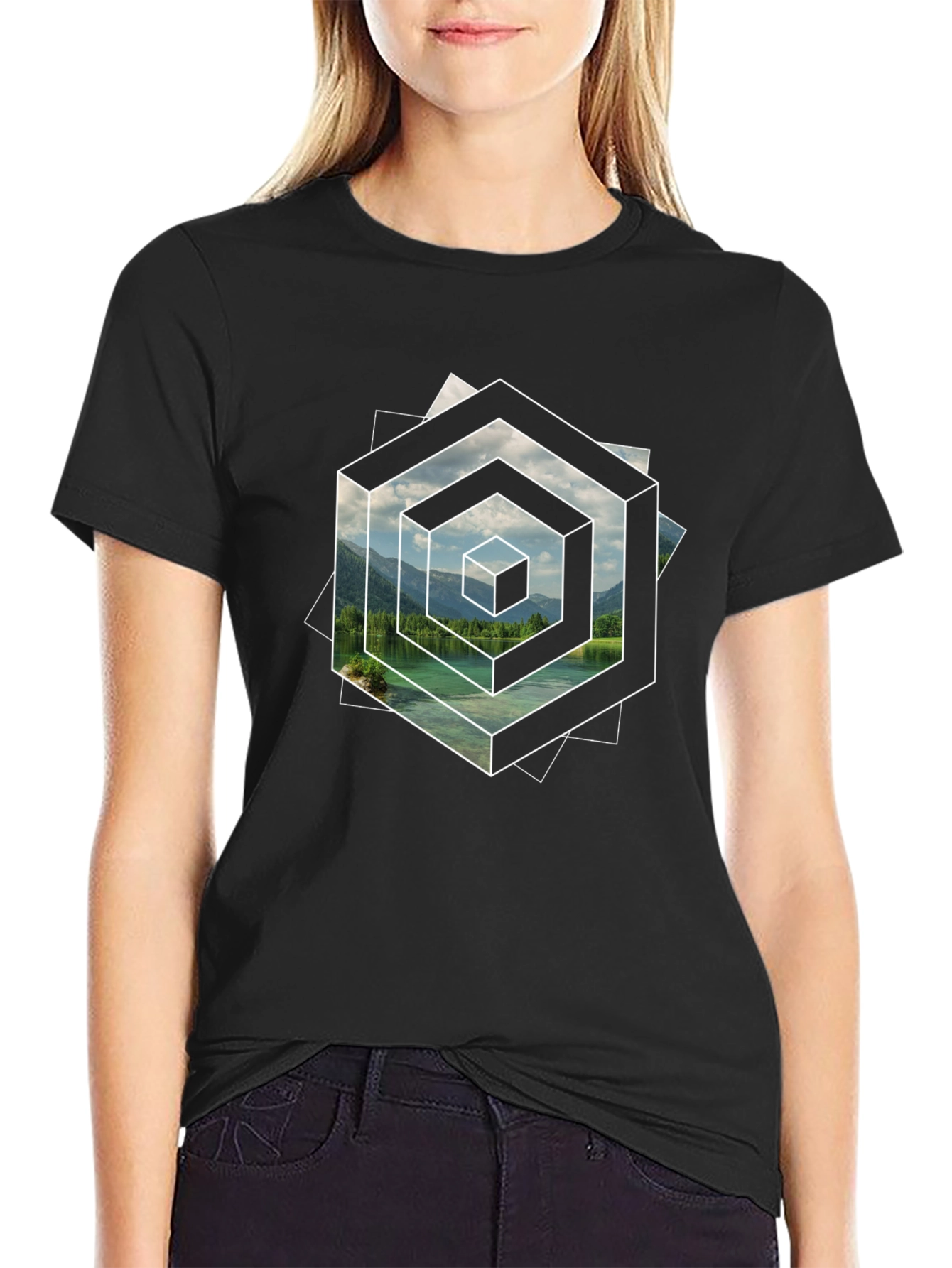 Optical Illusion Lake Graphic Black T-Shirt