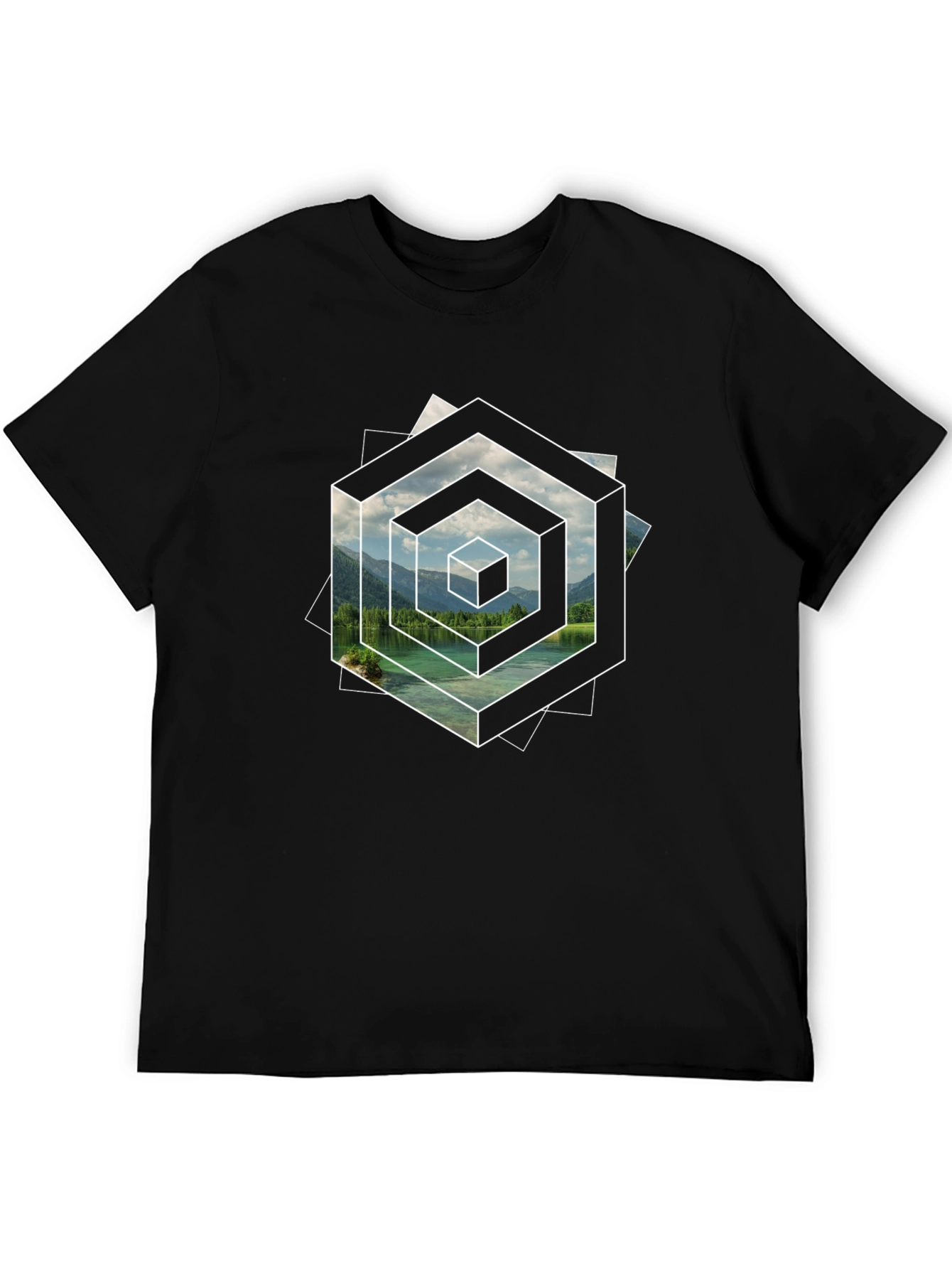 Optical Illusion Lake Graphic Black T-Shirt