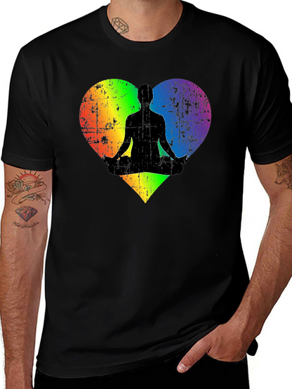 Rainbow Heart Yoga Pose Mens Black T-Shirt