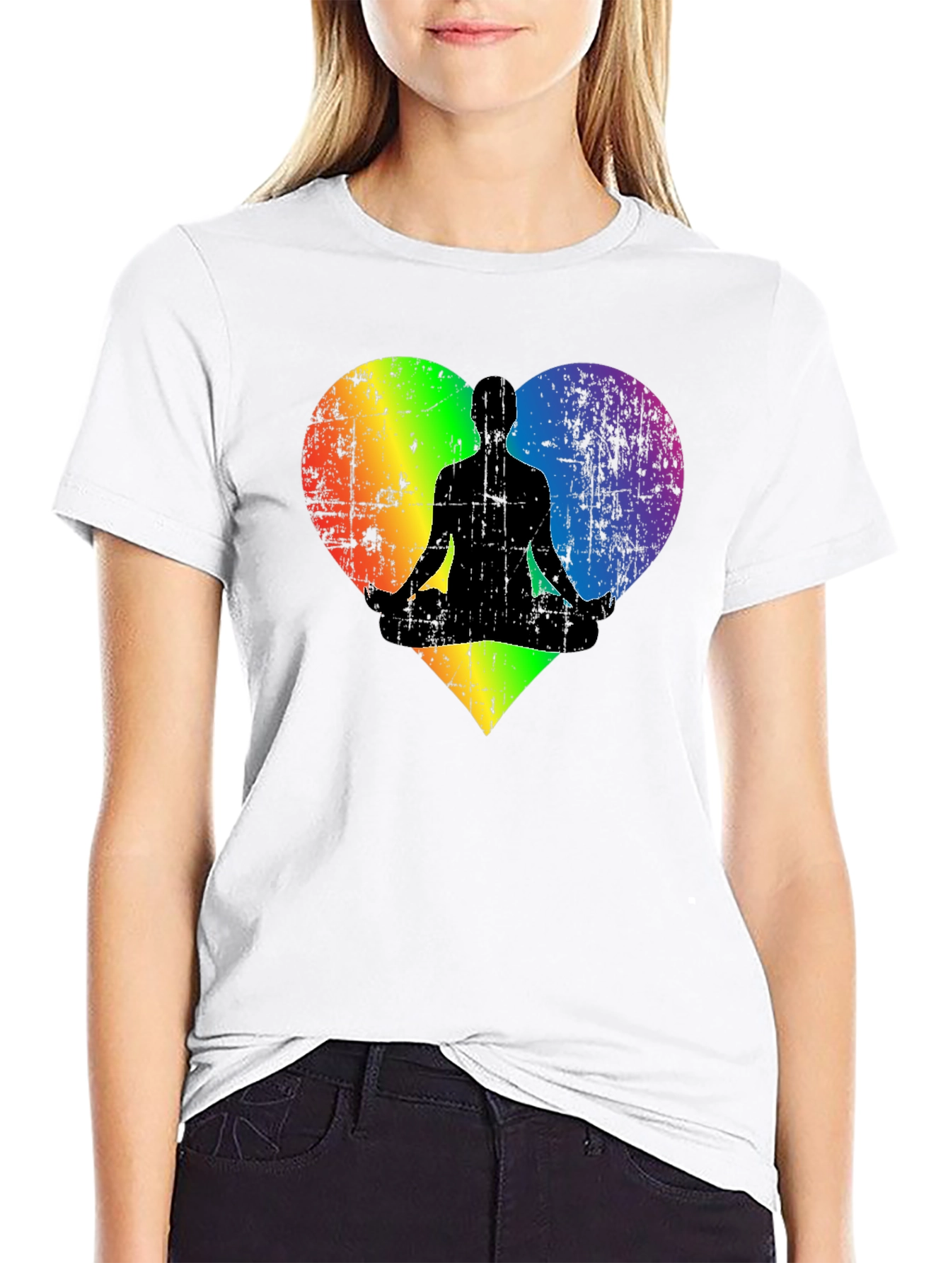 Rainbow Heart Yoga Pose Mens Black T-Shirt