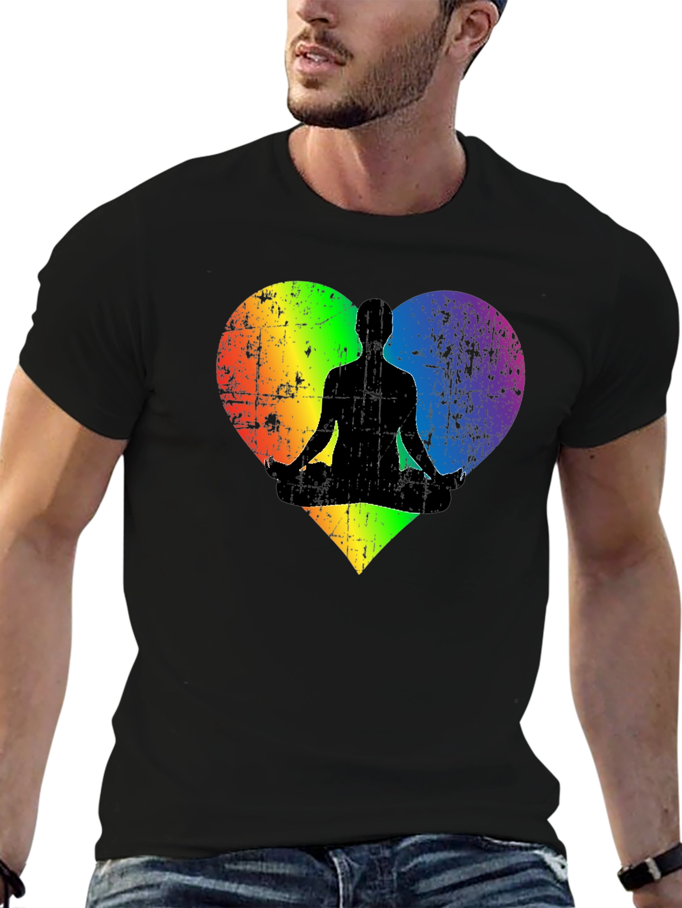 Rainbow Heart Yoga Pose Mens Black T-Shirt