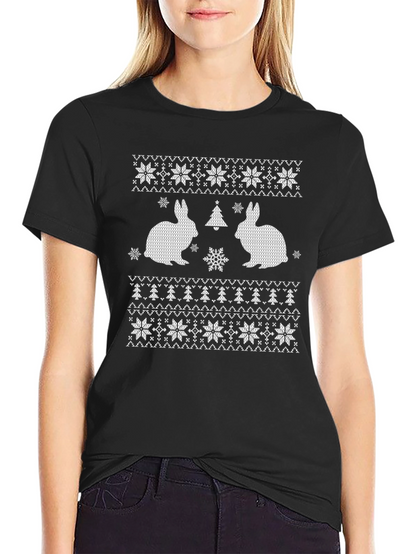 Rabbit Christmas Tree Snowflake Patterned T-Shirt