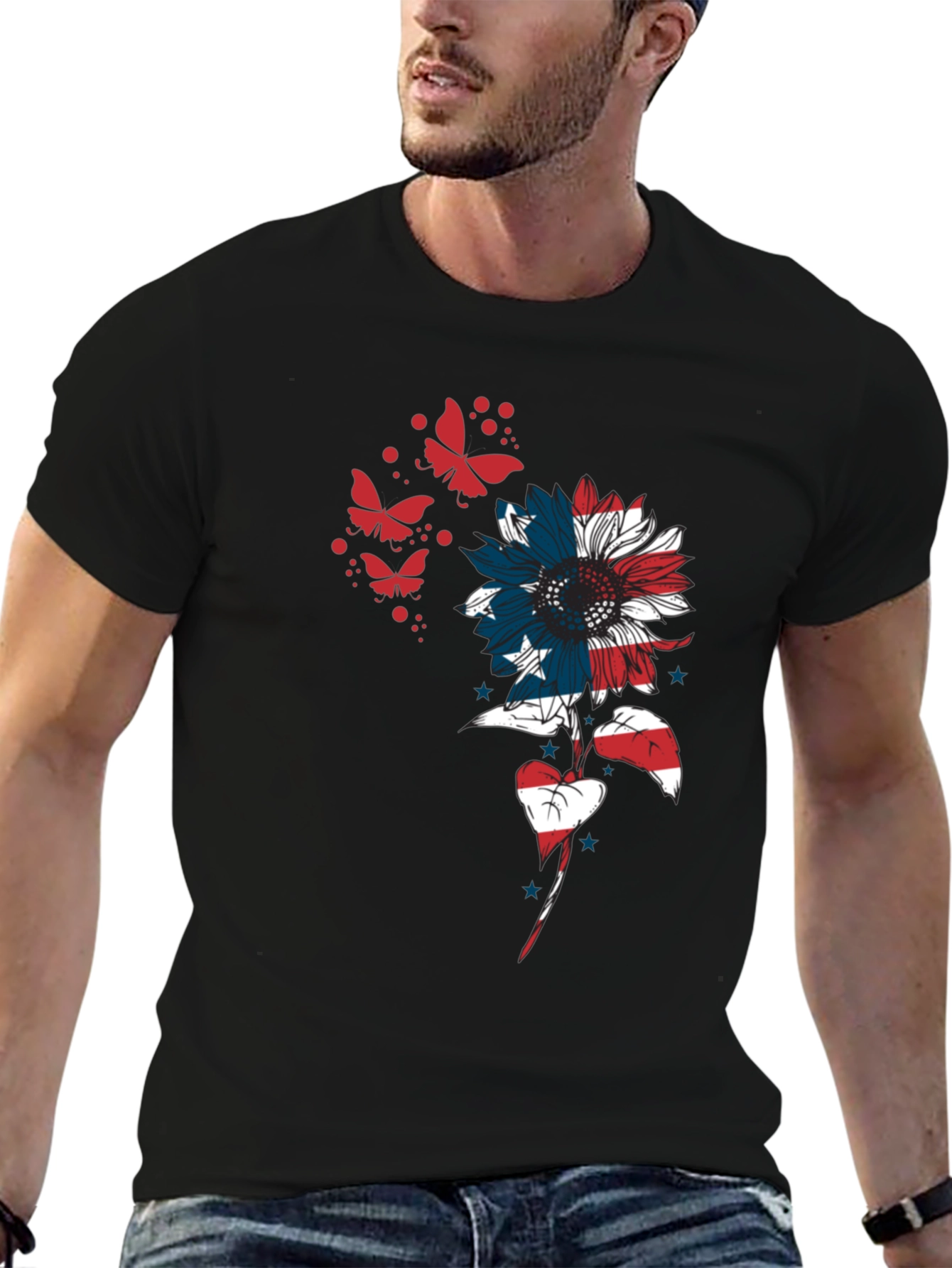USA Flag Sunflower Butterfly Graphic Tee