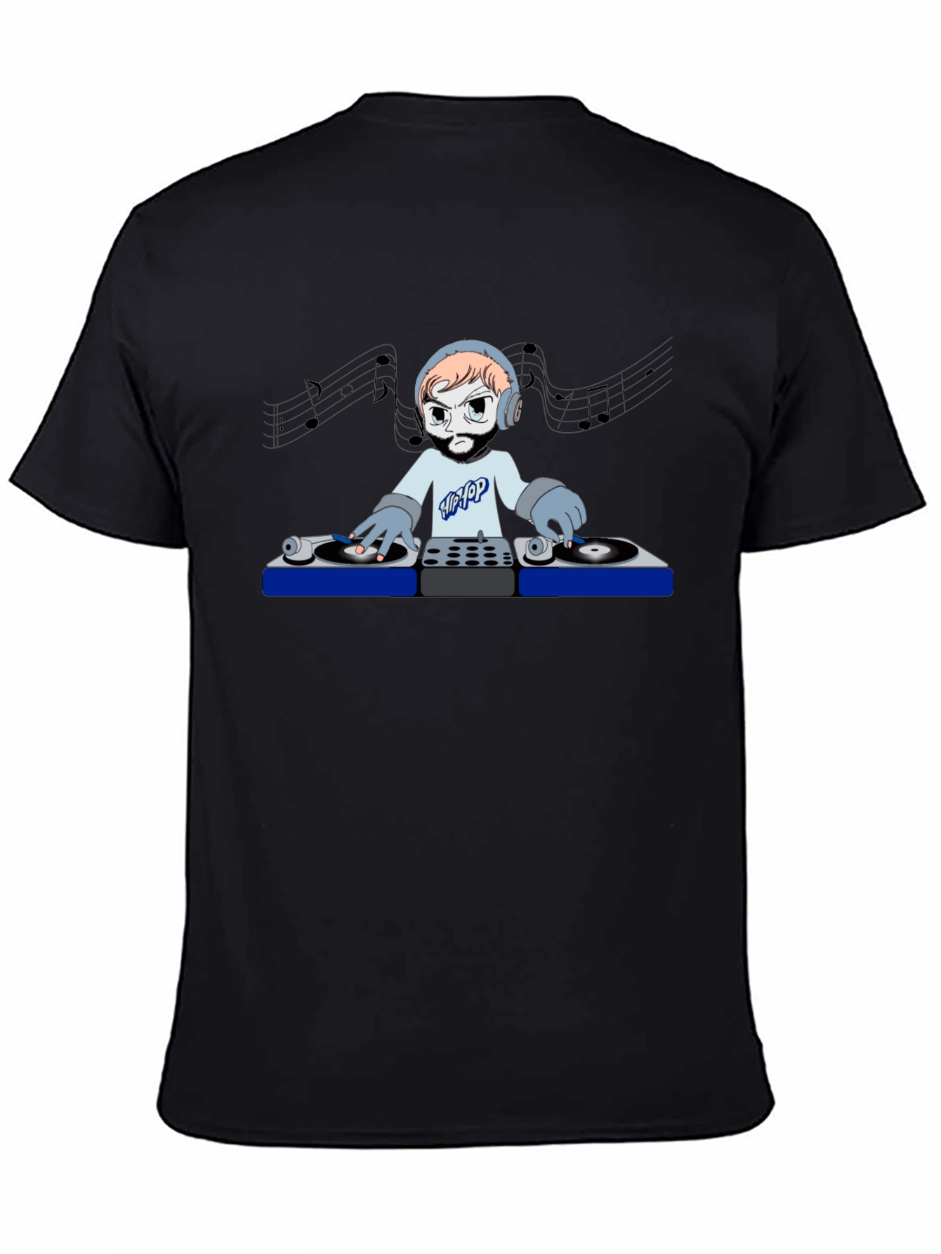 DJ Cartoon Graphic Tee - Black Crew Neck T-Shirt