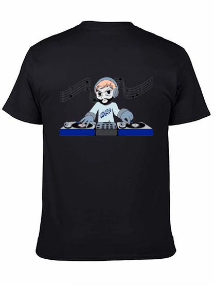 DJ Cartoon Graphic Tee - Black Crew Neck T-Shirt