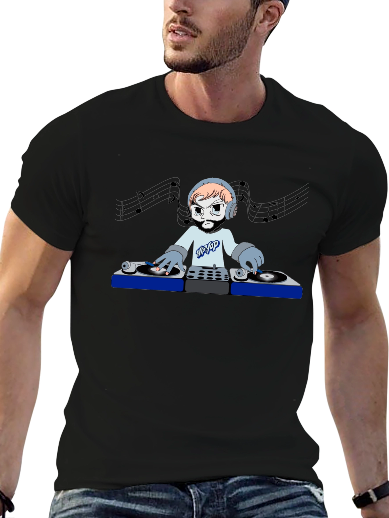 DJ Cartoon Graphic Tee - Black Crew Neck T-Shirt