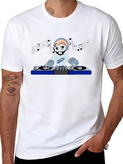DJ Cartoon Graphic Tee - Black Crew Neck T-Shirt