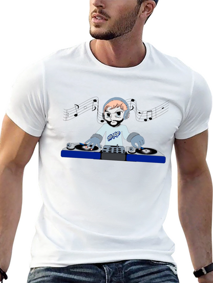 DJ Cartoon Graphic Tee - Black Crew Neck T-Shirt