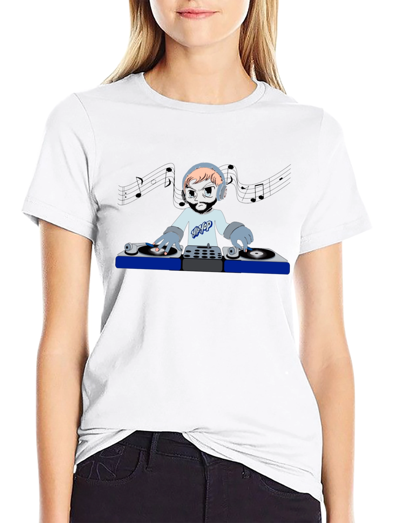 DJ Cartoon Graphic Tee - Black Crew Neck T-Shirt