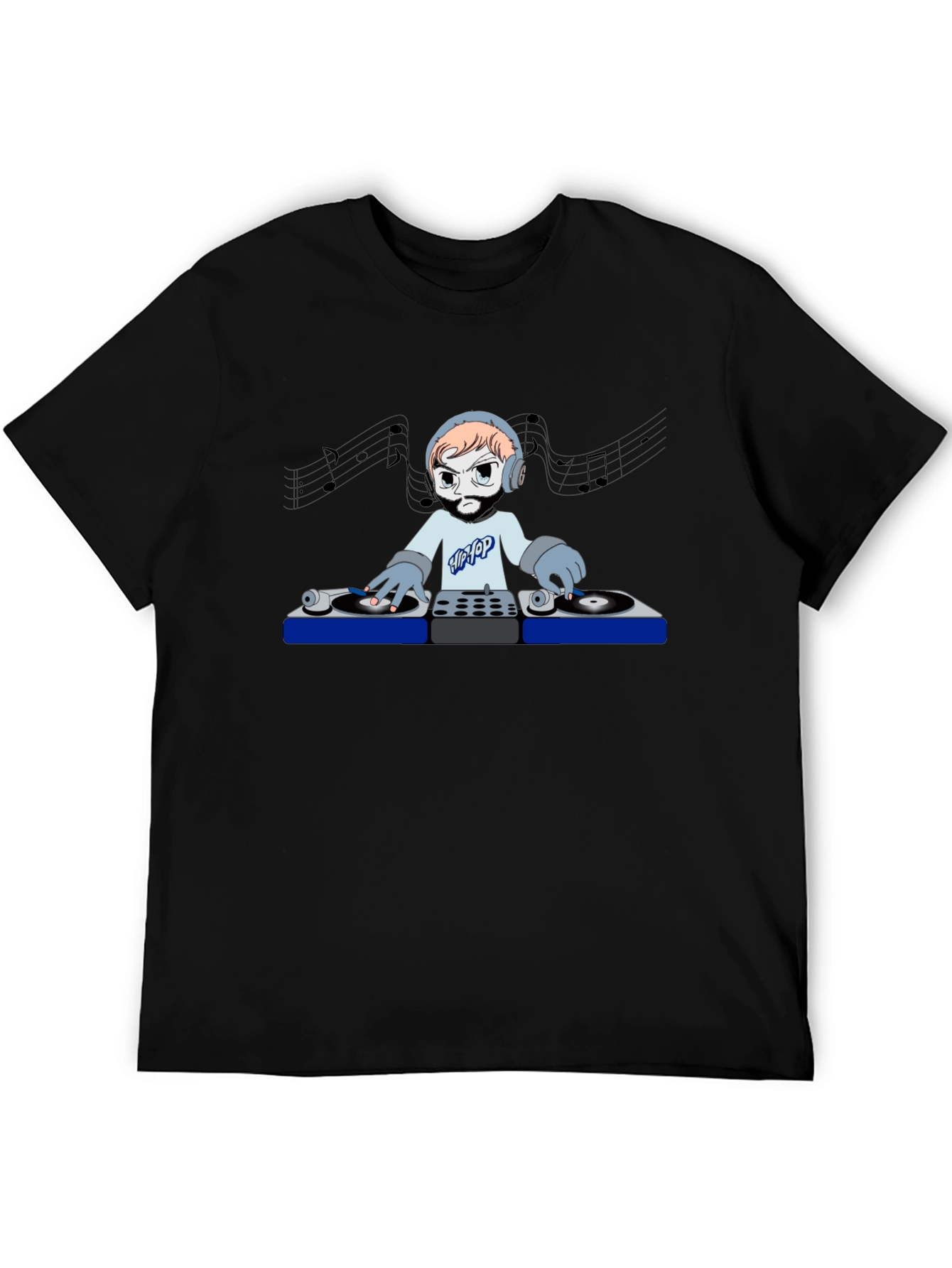 DJ Cartoon Graphic Tee - Black Crew Neck T-Shirt