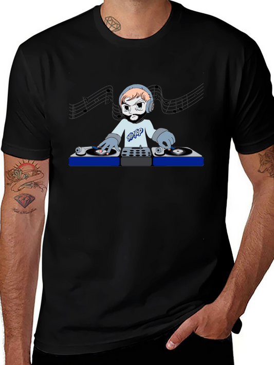 DJ Cartoon Graphic Tee - Black Crew Neck T-Shirt