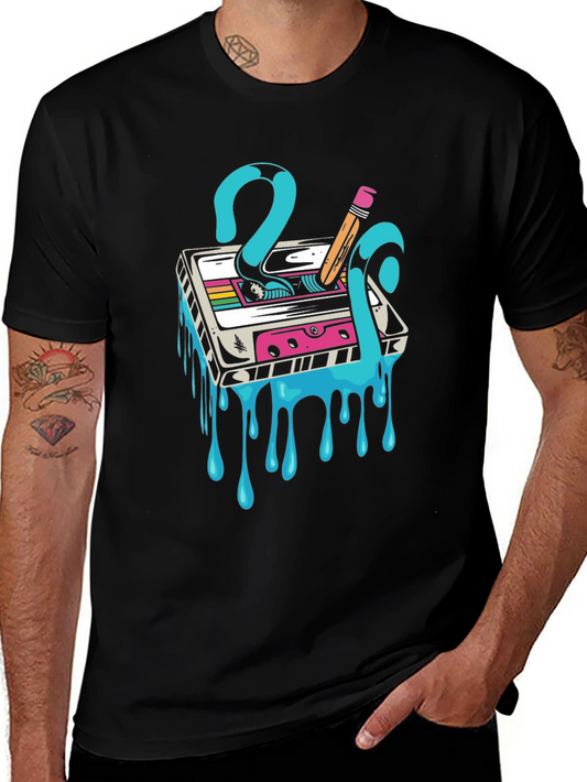 Retro Cassette Tape Drip Graphic Tee - Black Cotton Blend