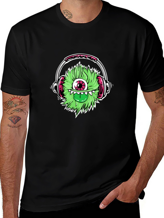 Monster Graphic T-Shirt - One Eyed Green Alien Wearing Headphones