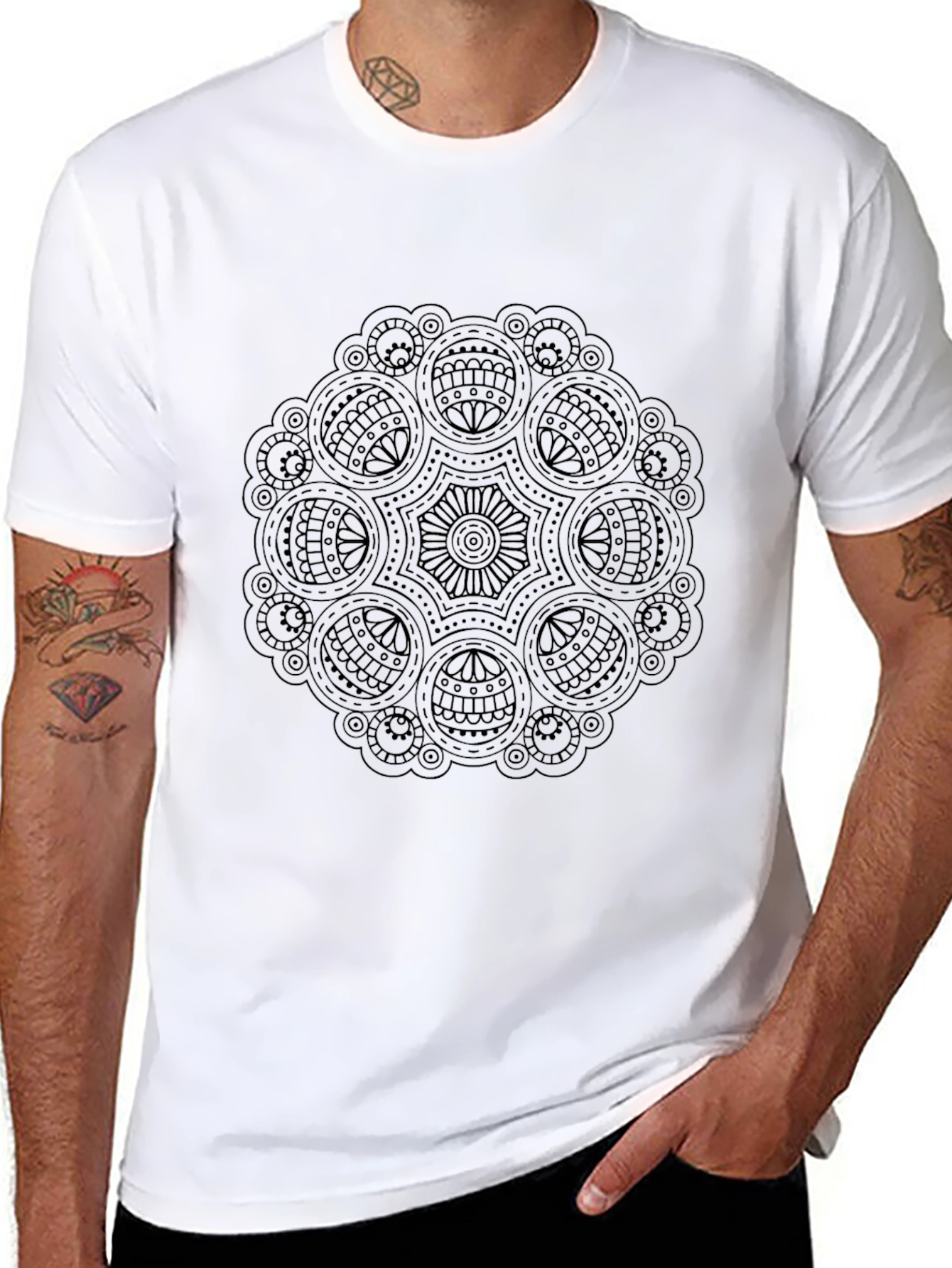Black Mandala Print Crew Neck T-Shirt