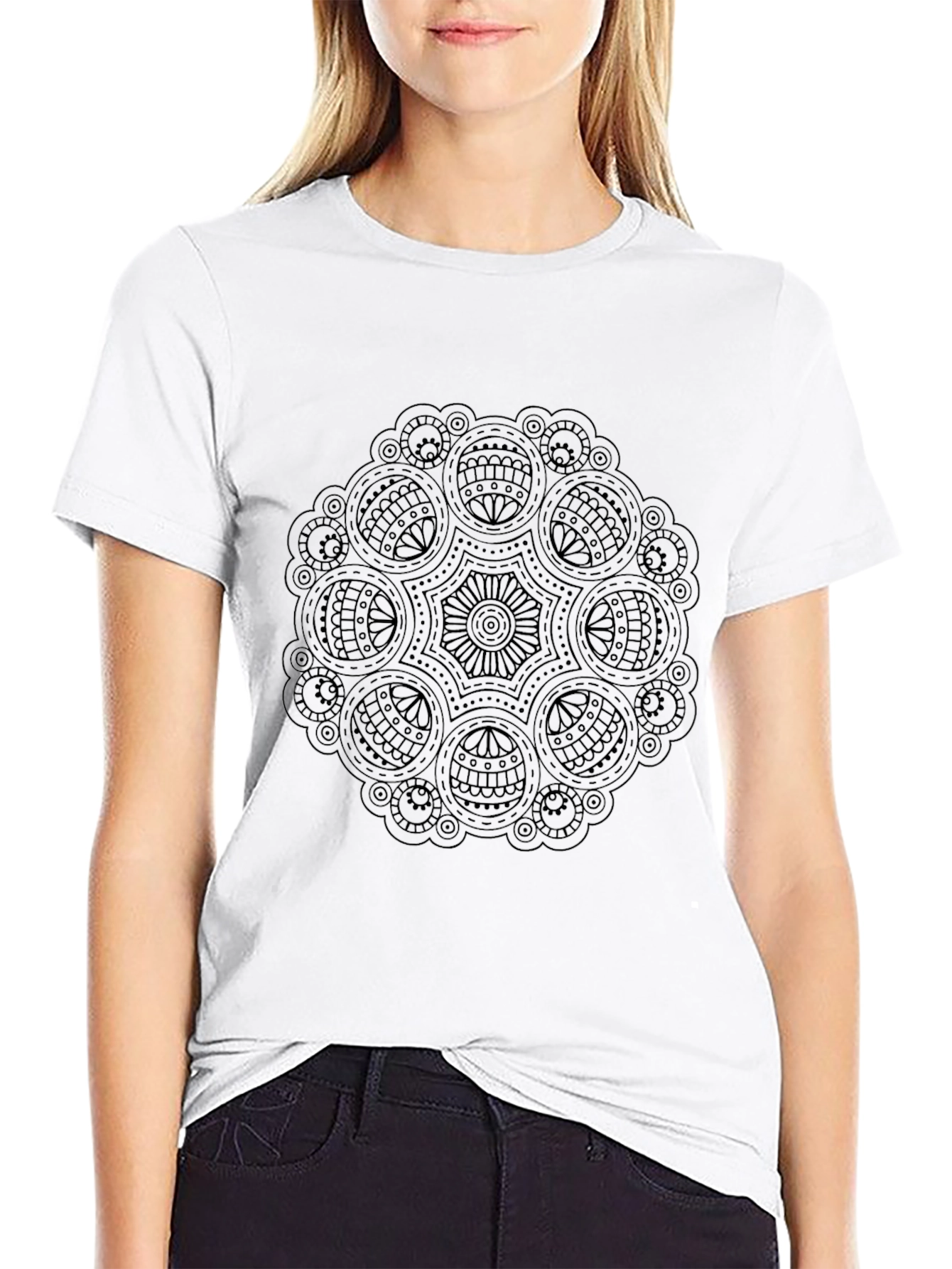 Black Mandala Print Crew Neck T-Shirt