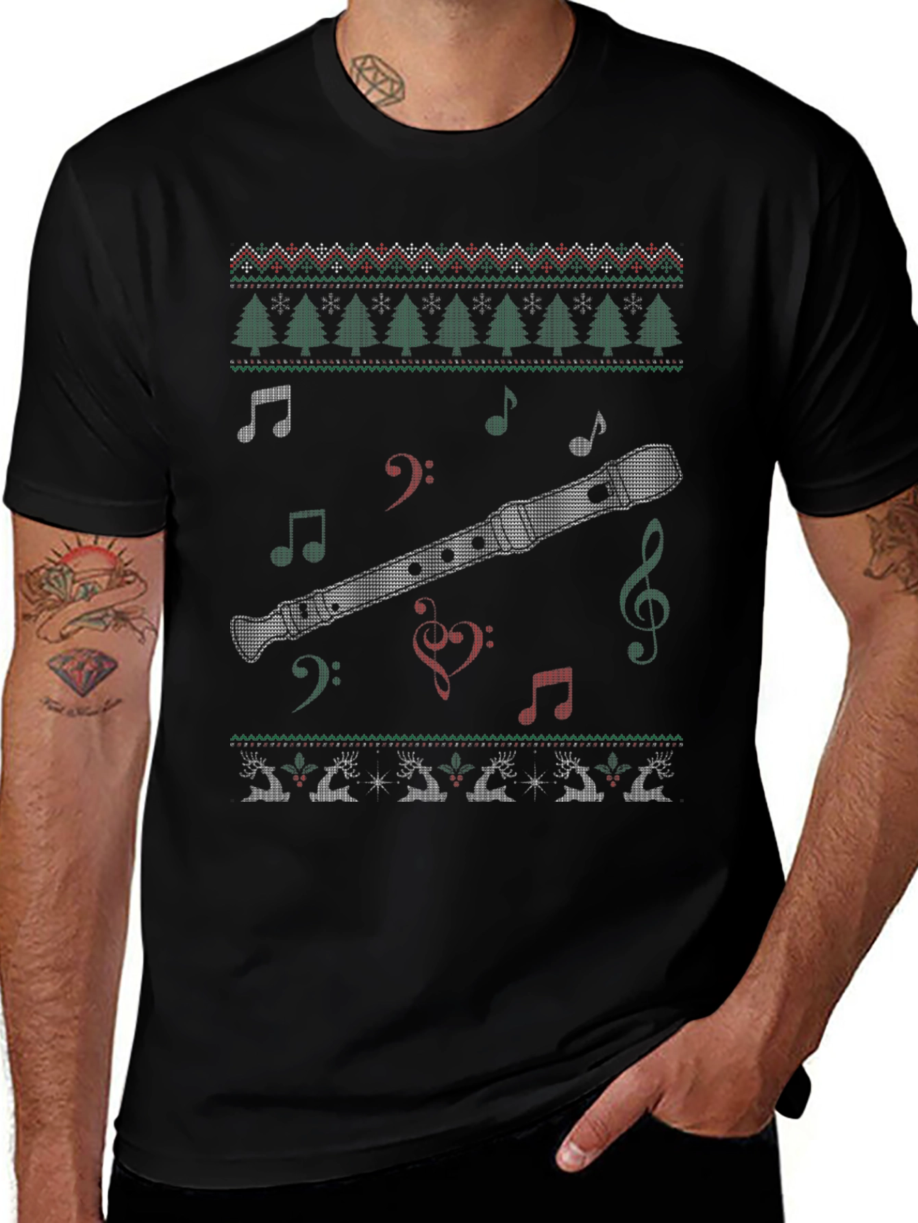 Christmas Flute Ugly Sweater Style T-Shirt