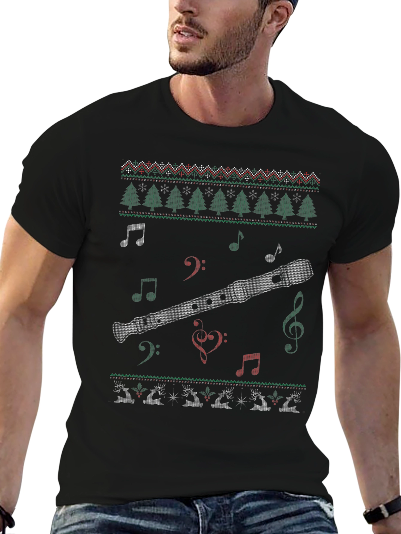 Christmas Flute Ugly Sweater Style T-Shirt
