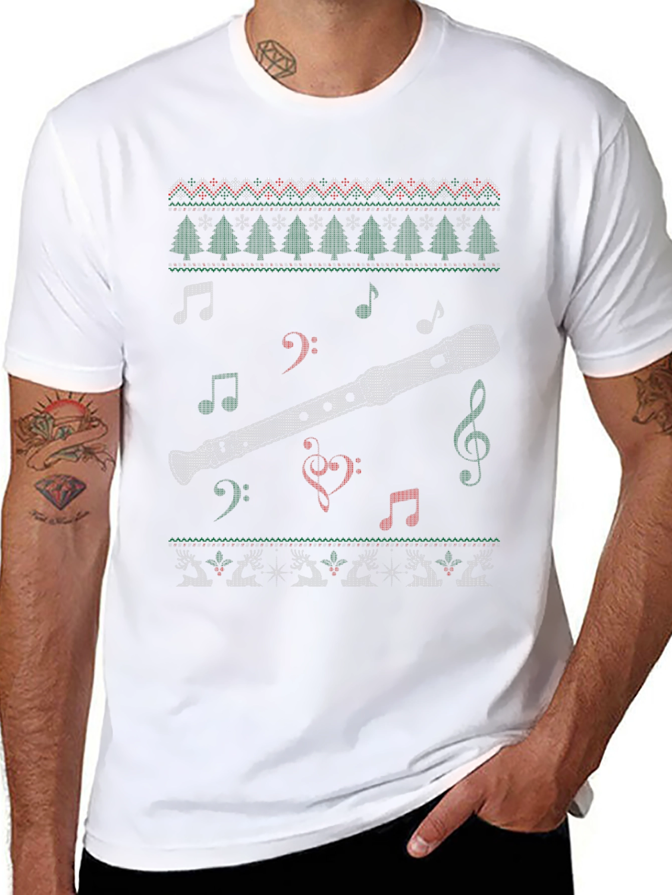 Christmas Flute Ugly Sweater Style T-Shirt
