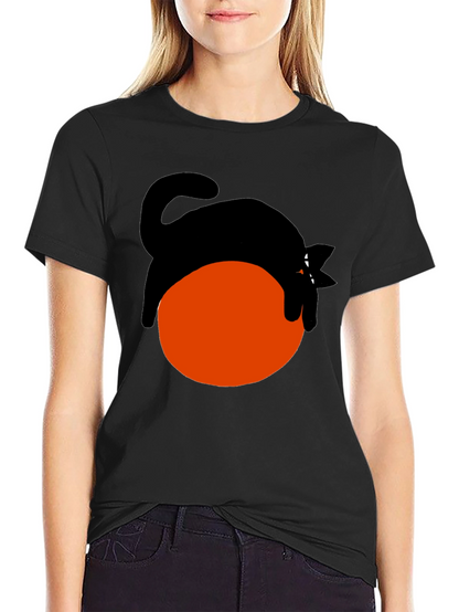 Black Cat on Orange Ball Graphic T-Shirt