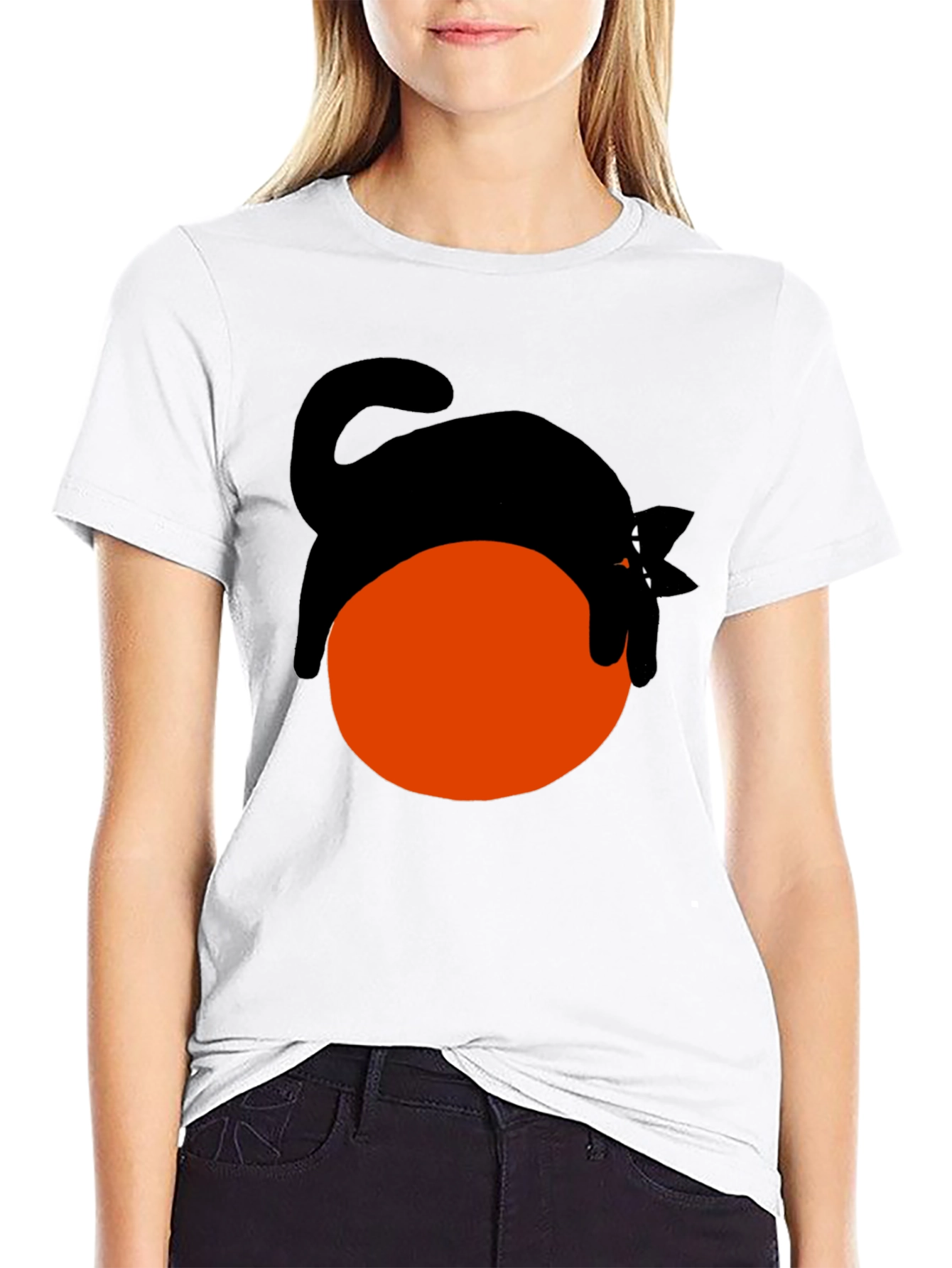 Black Cat on Orange Ball Graphic T-Shirt