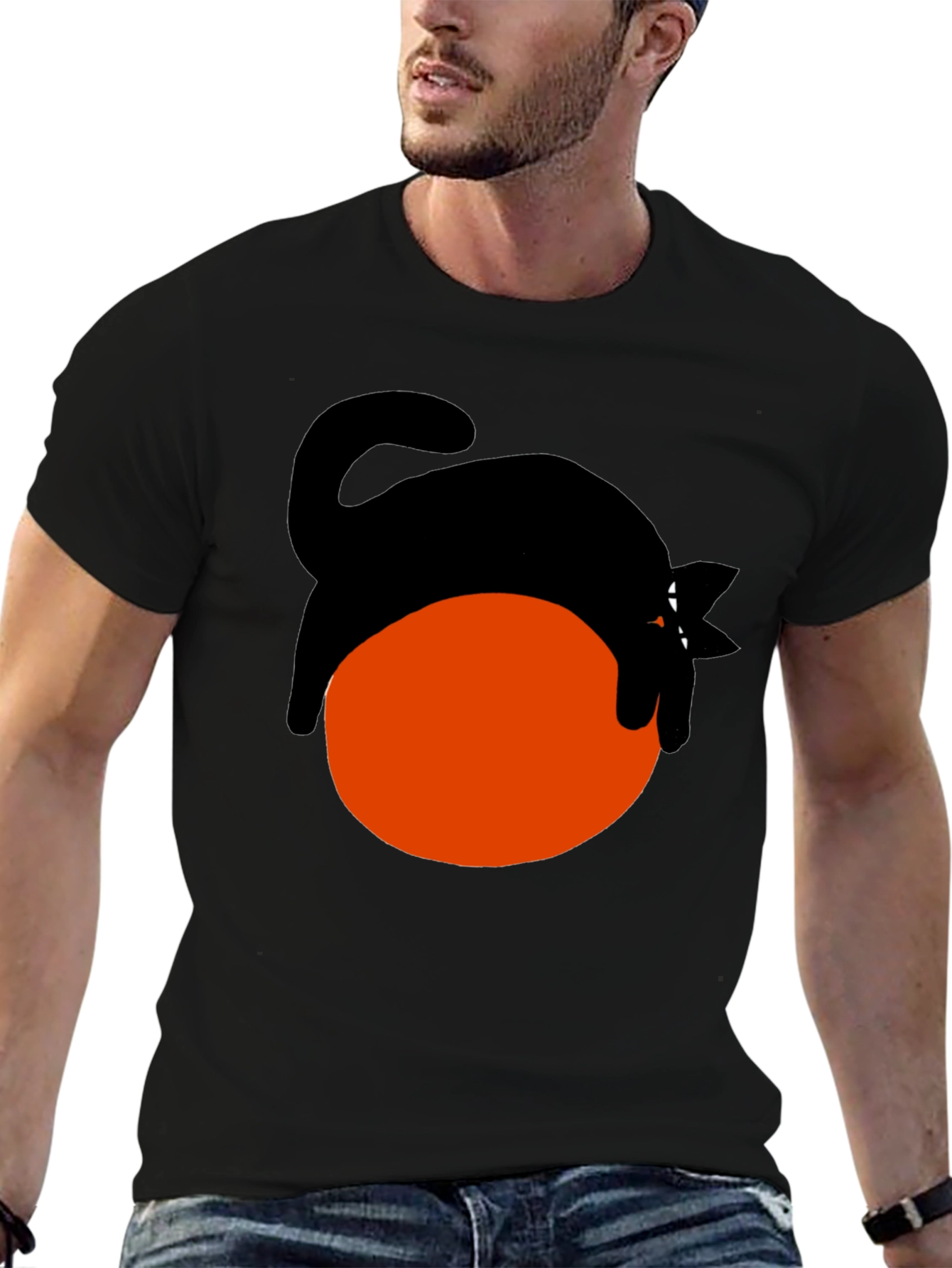 Black Cat on Orange Ball Graphic T-Shirt