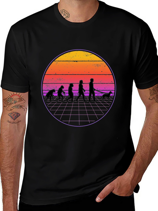 Evolution Dog Walker T-Shirt - Retro Sunset Design