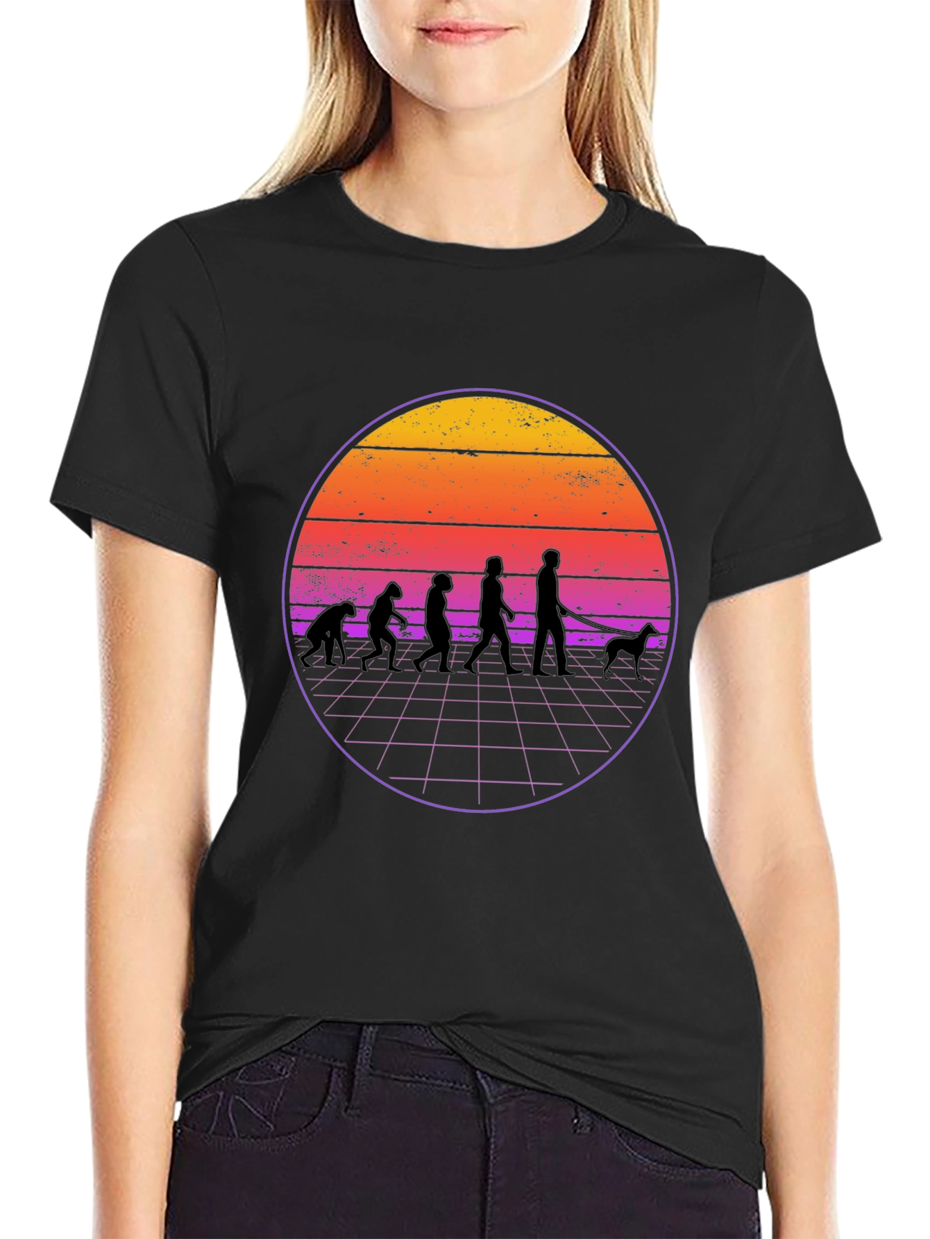 Evolution Dog Walker T-Shirt - Retro Sunset Design