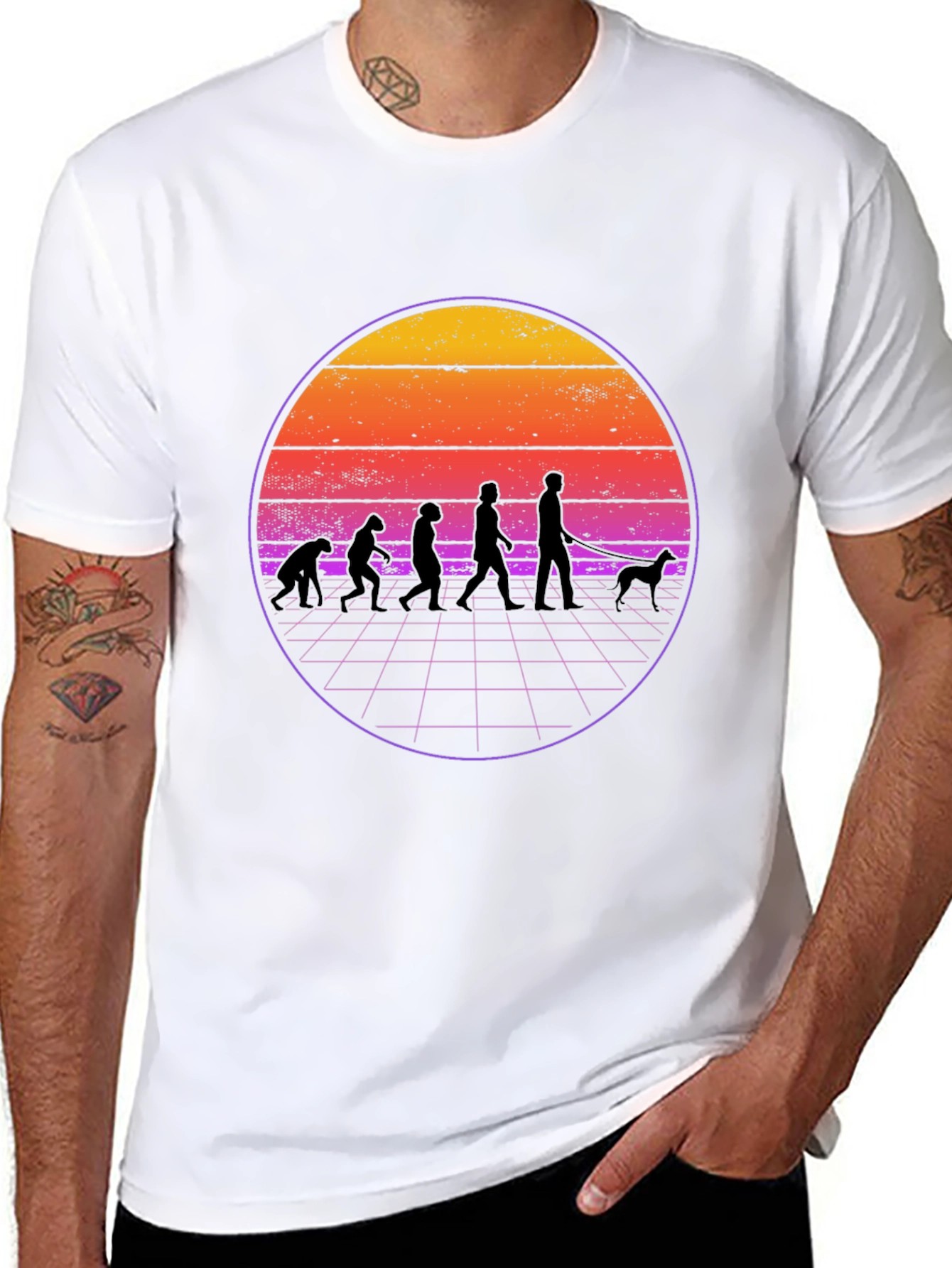 Evolution Dog Walker T-Shirt - Retro Sunset Design
