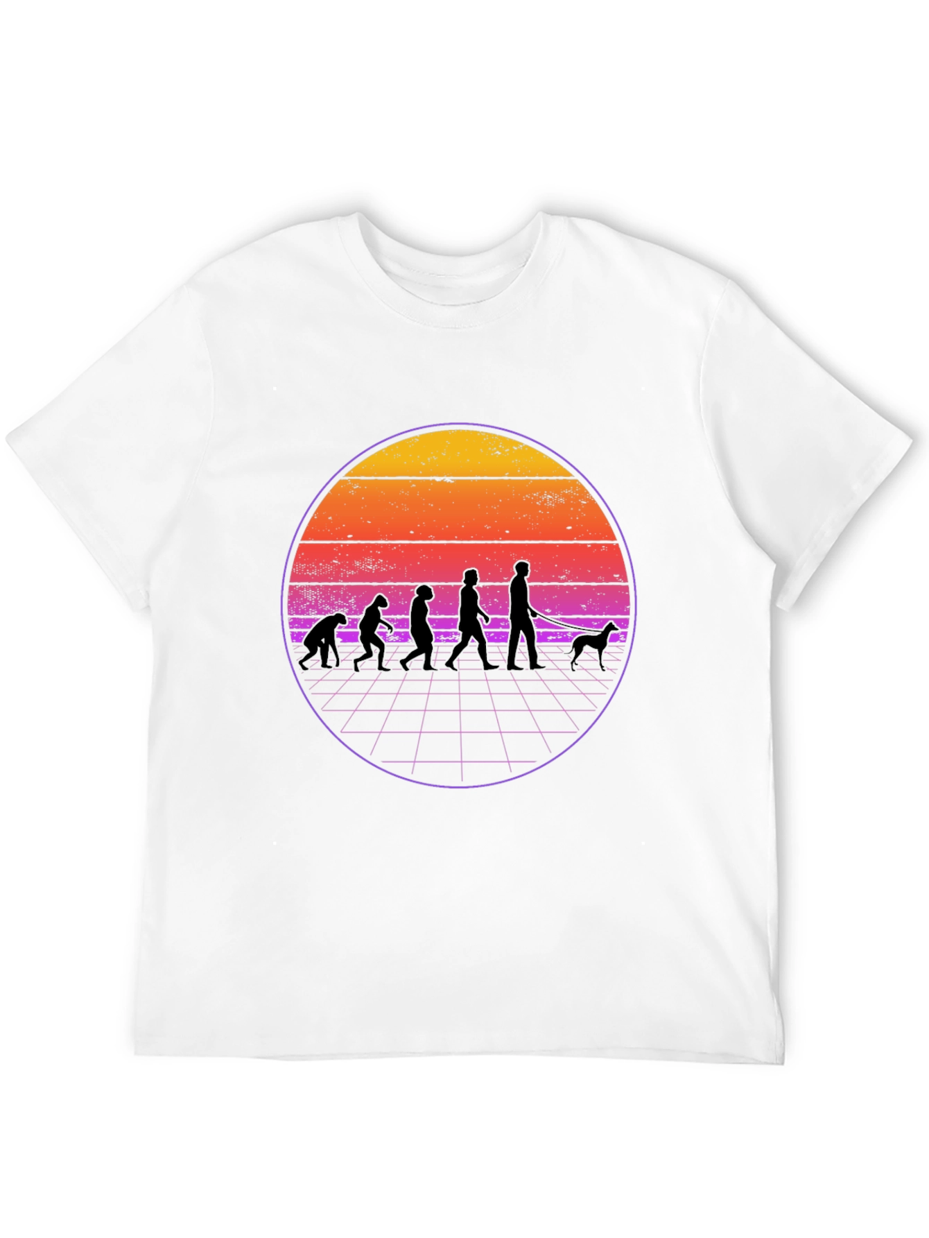 Evolution Dog Walker T-Shirt - Retro Sunset Design