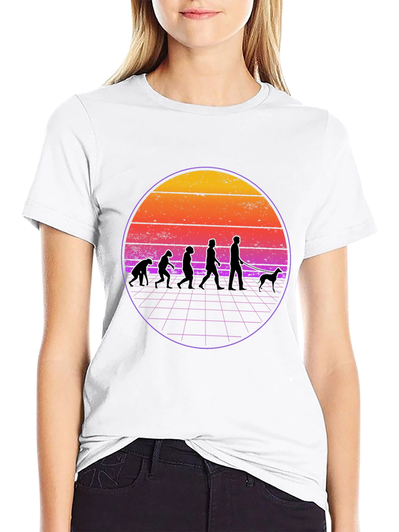 Evolution Dog Walker T-Shirt - Retro Sunset Design