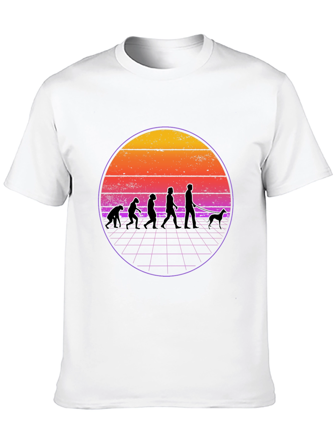 Evolution Dog Walker T-Shirt - Retro Sunset Design