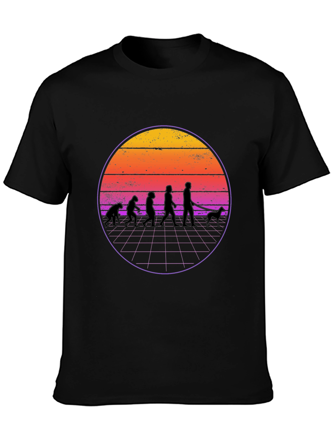 Evolution Dog Walker T-Shirt - Retro Sunset Design