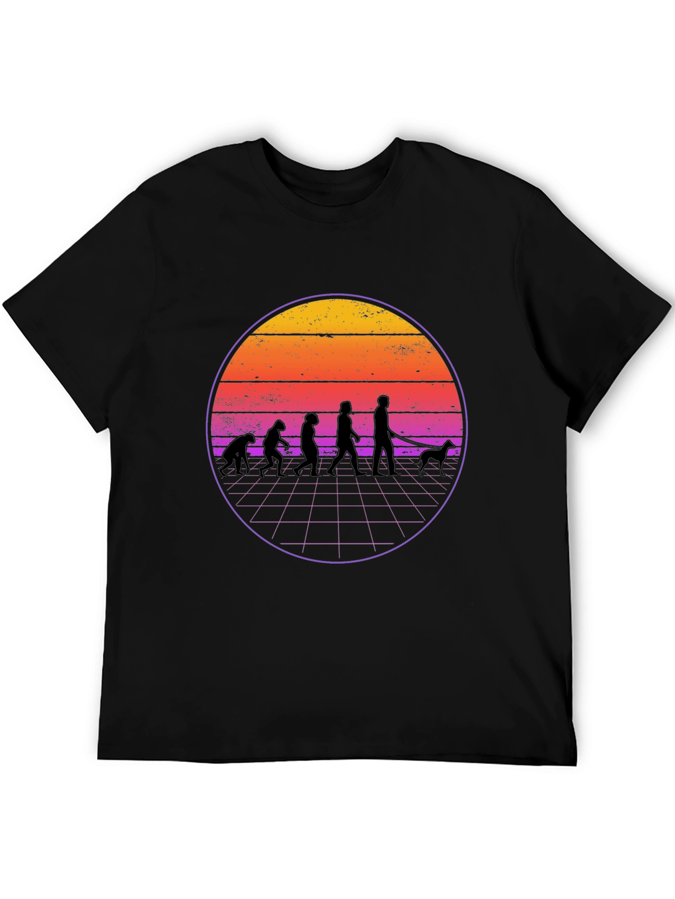 Evolution Dog Walker T-Shirt - Retro Sunset Design
