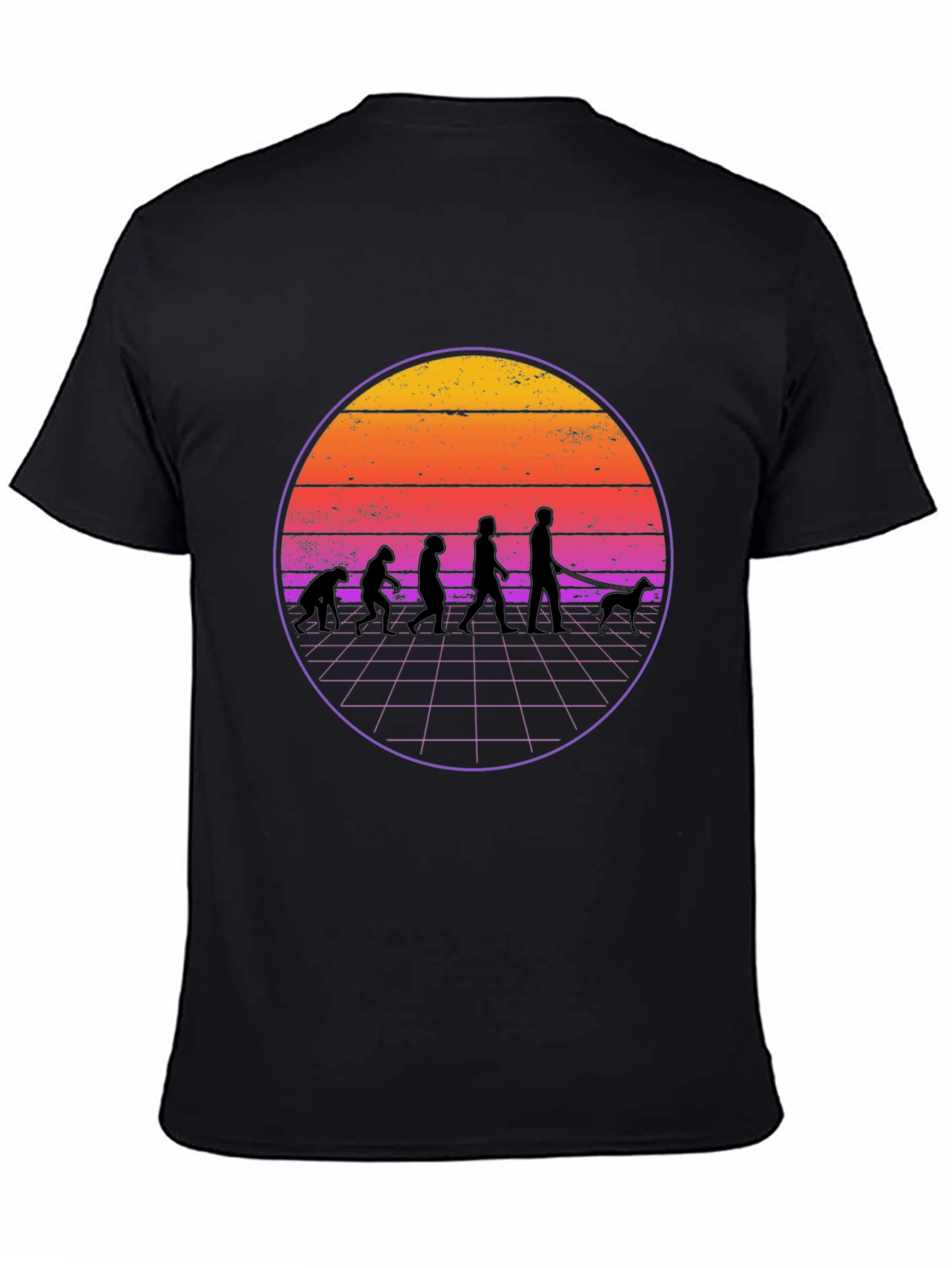 Evolution Dog Walker T-Shirt - Retro Sunset Design