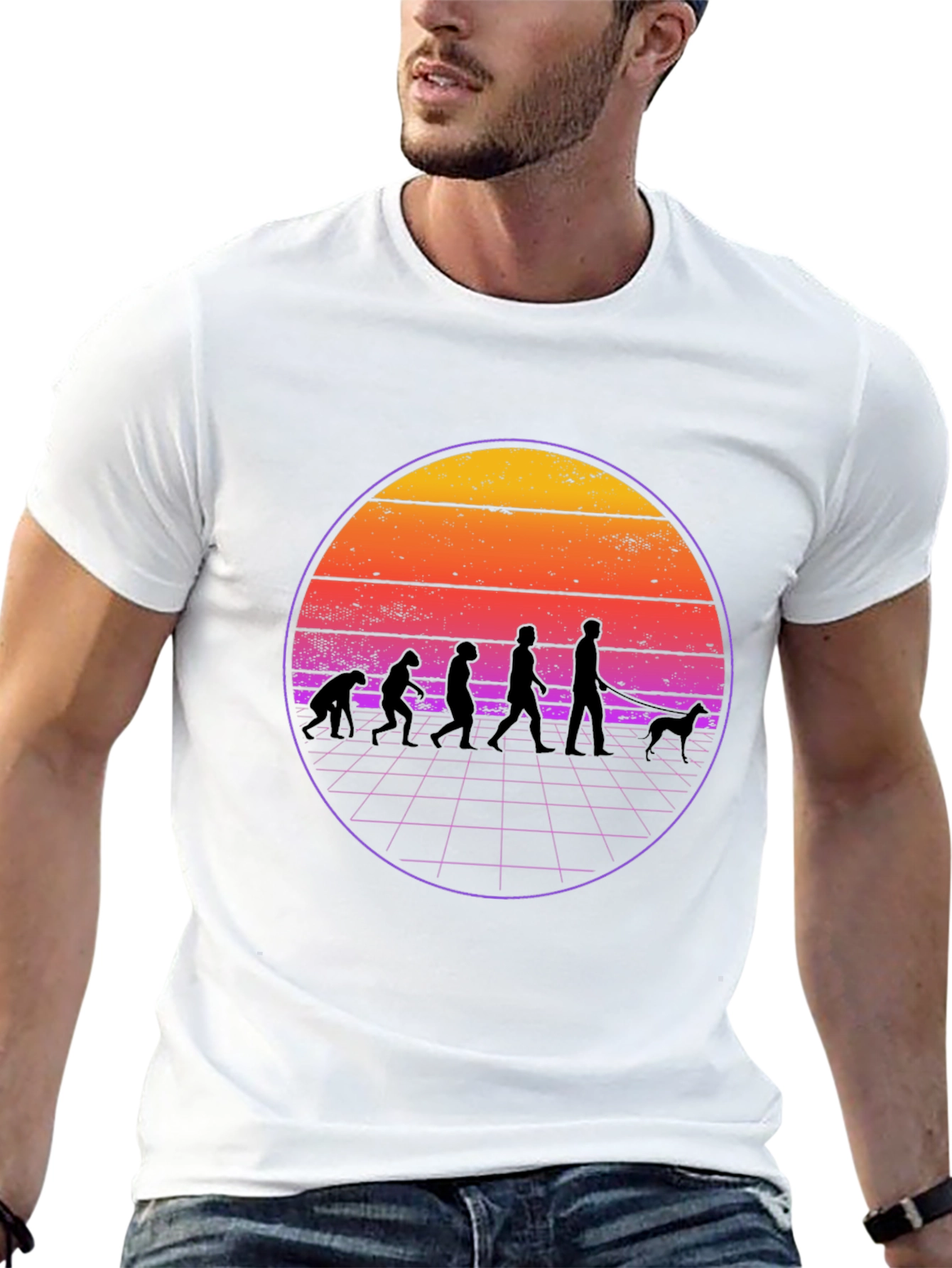 Evolution Dog Walker T-Shirt - Retro Sunset Design