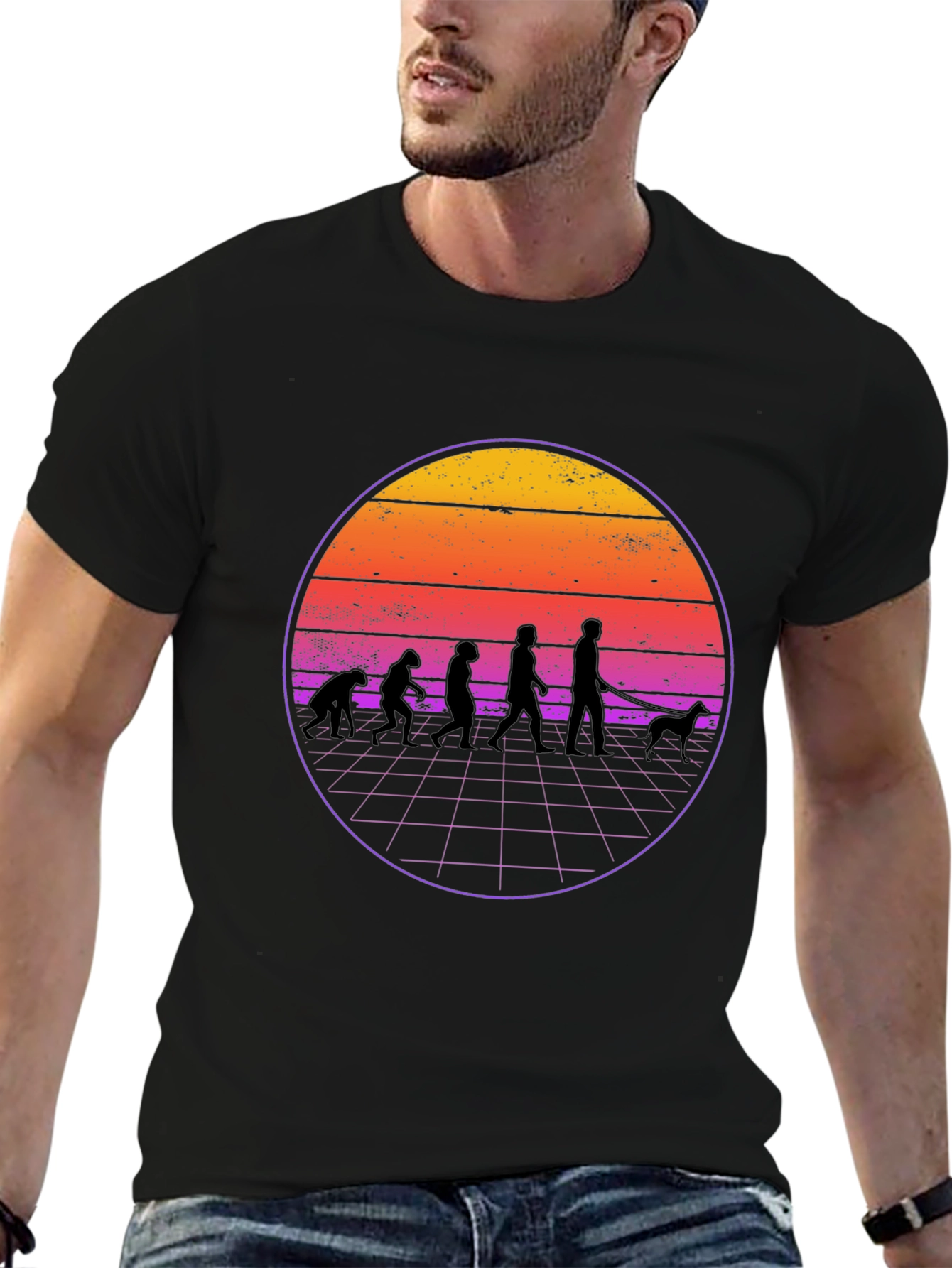 Evolution Dog Walker T-Shirt - Retro Sunset Design