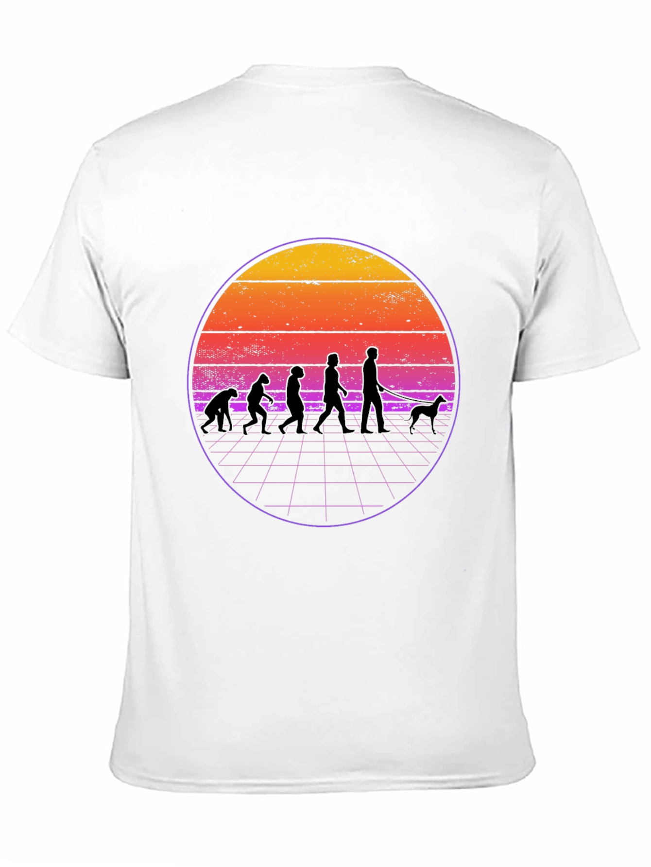 Evolution Dog Walker T-Shirt - Retro Sunset Design