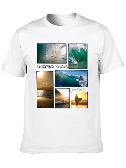 Surfing Collage Graphic Tee - Black Cotton T-Shirt