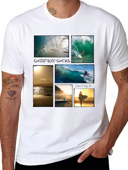 Surfing Collage Graphic Tee - Black Cotton T-Shirt