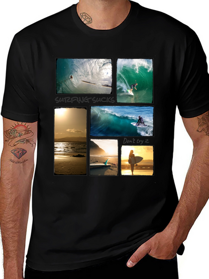 Surfing Collage Graphic Tee - Black Cotton T-Shirt