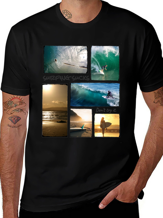 Surfing Collage Graphic Tee - Black Cotton T-Shirt